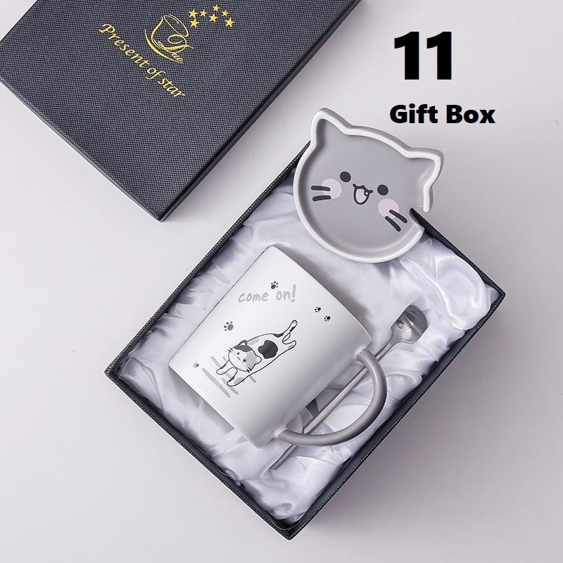 Creative Mug With Lid Spoon Cartoon Cat Ceramic Couple Cup