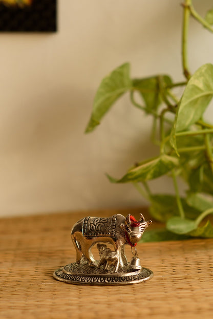 Silver Metal Handcrafted Cow and Calf Figurine