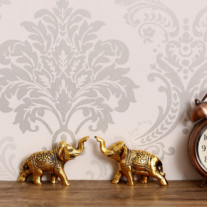 Set of 2 Golden Metal Elephants Statue, Animal Figurine Decorative Showpiece
