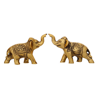 Set of 2 Golden Metal Elephants Statue, Animal Figurine Decorative Showpiece