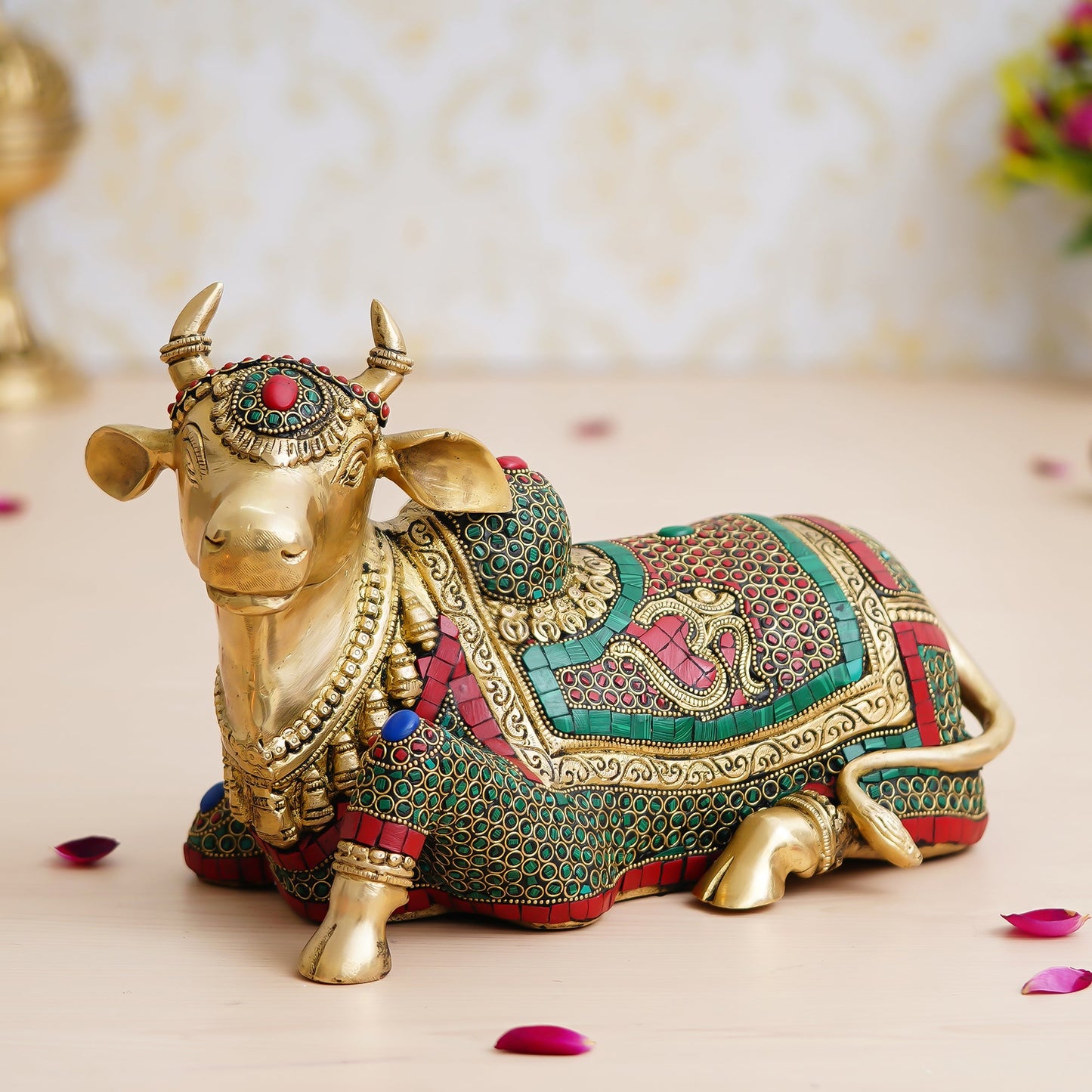 Colorful Stone Work Handcrafted Brass Holy Kamdhenu Cow Idol