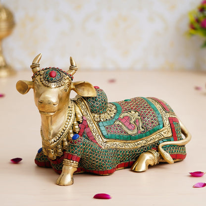 Colorful Stone Work Handcrafted Brass Holy Kamdhenu Cow Idol