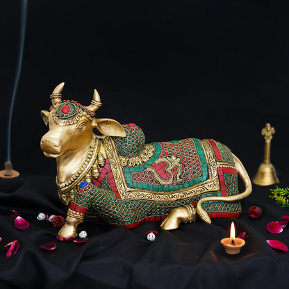 Colorful Stone Work Handcrafted Brass Holy Kamdhenu Cow Idol
