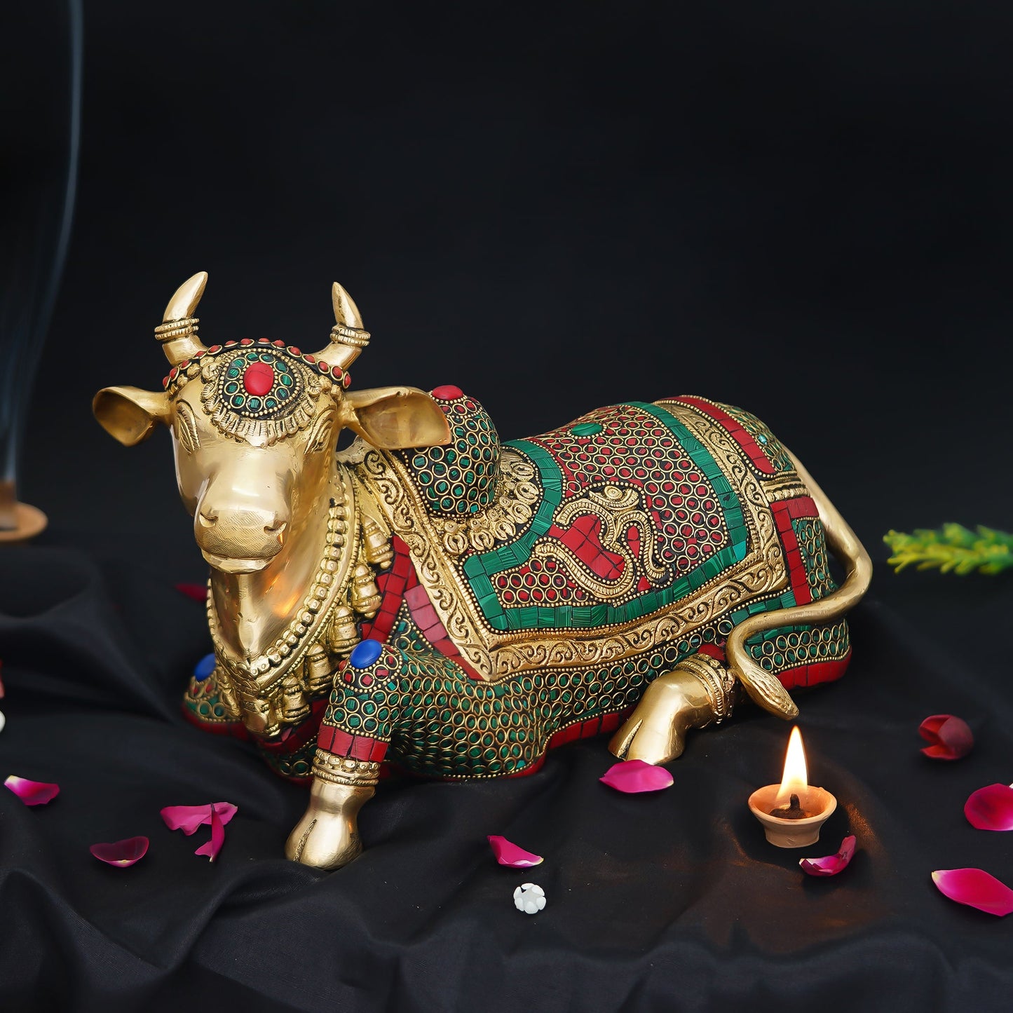 Colorful Stone Work Handcrafted Brass Holy Kamdhenu Cow Idol