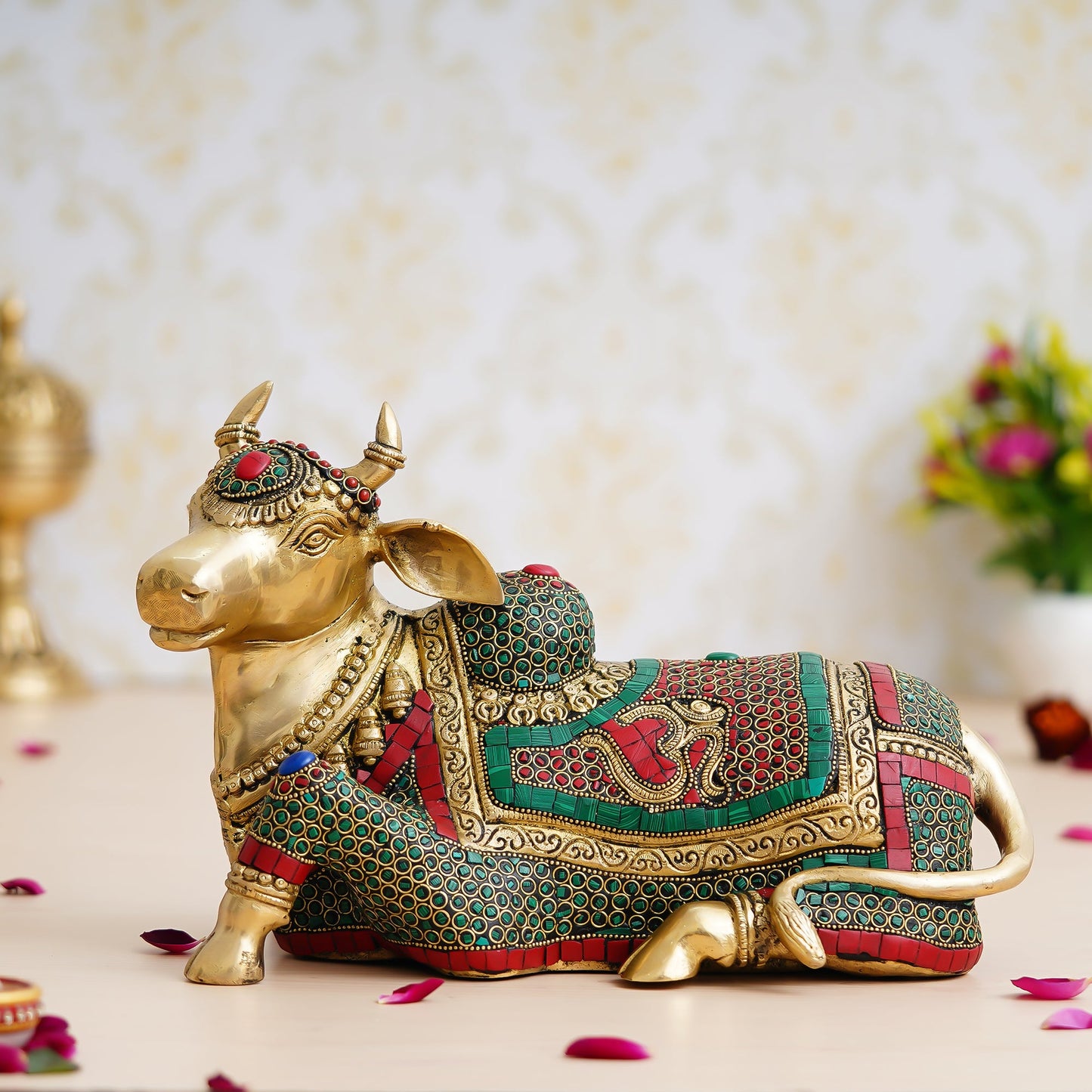 Colorful Stone Work Handcrafted Brass Holy Kamdhenu Cow Idol