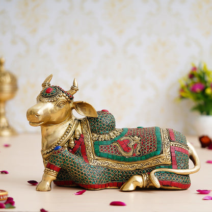 Colorful Stone Work Handcrafted Brass Holy Kamdhenu Cow Idol