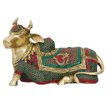 Colorful Stone Work Handcrafted Brass Holy Kamdhenu Cow Idol