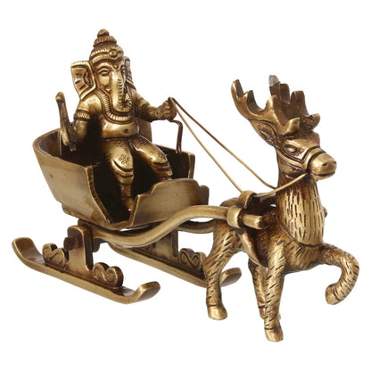 Gold Brass Ganesha Enjoying Ride With Deer Cart Decorative Showpiece