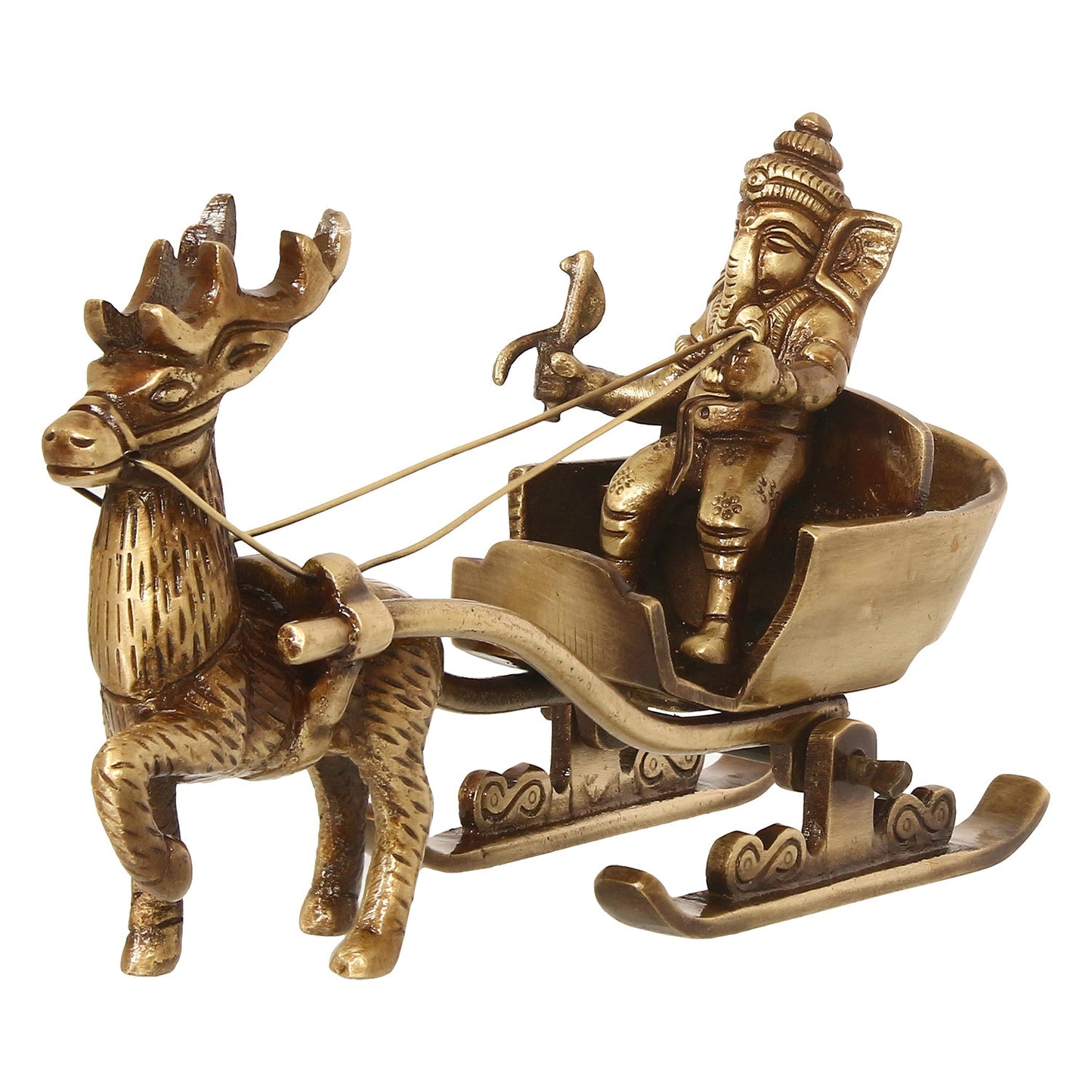 Gold Brass Ganesha Enjoying Ride With Deer Cart Decorative Showpiece