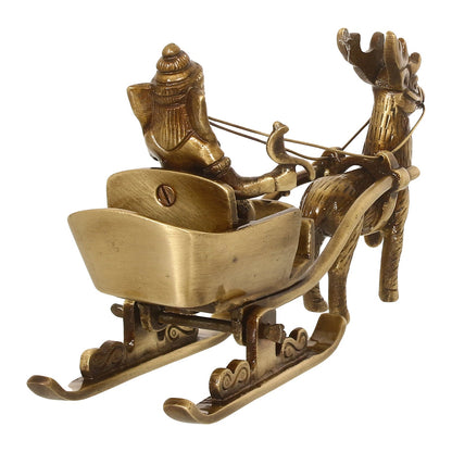 Gold Brass Ganesha Enjoying Ride With Deer Cart Decorative Showpiece