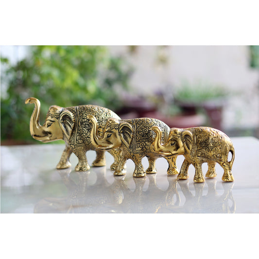 Aluminum Elephants Set of 3 With Dark Embossed Brass & Silver Finish Design, Home Decor, Room Decor, Handicarft Item & Decor, Color- Golden, Size-S,M & L - Silver