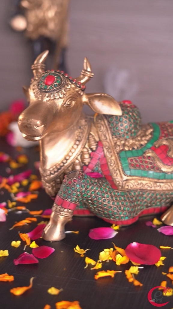 Colorful Stone Work Handcrafted Brass Holy Kamdhenu Cow Idol