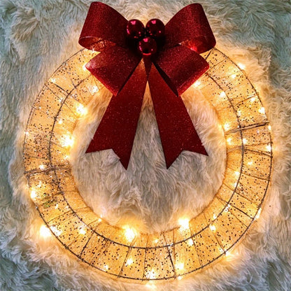 Χριστουγεννιάτικη γιρλάντα 50cm Φωτεινή LED Ζεστό ελαφρύ Μεταλλικό Φωτεινό στεφάνι με μεγάλο παπιγιόν Χριστουγεννιάτικη μπροστινή πόρτα σπιτιού Διακοσμητικό γιορτινό πάρτι πόρτας κρεμαστό